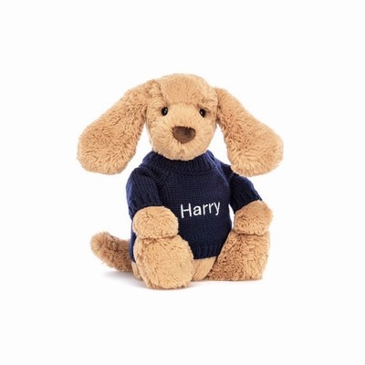 Jellycat Bashful Toffee Puppy with Navy Jumper New Zealand | SILTF5638